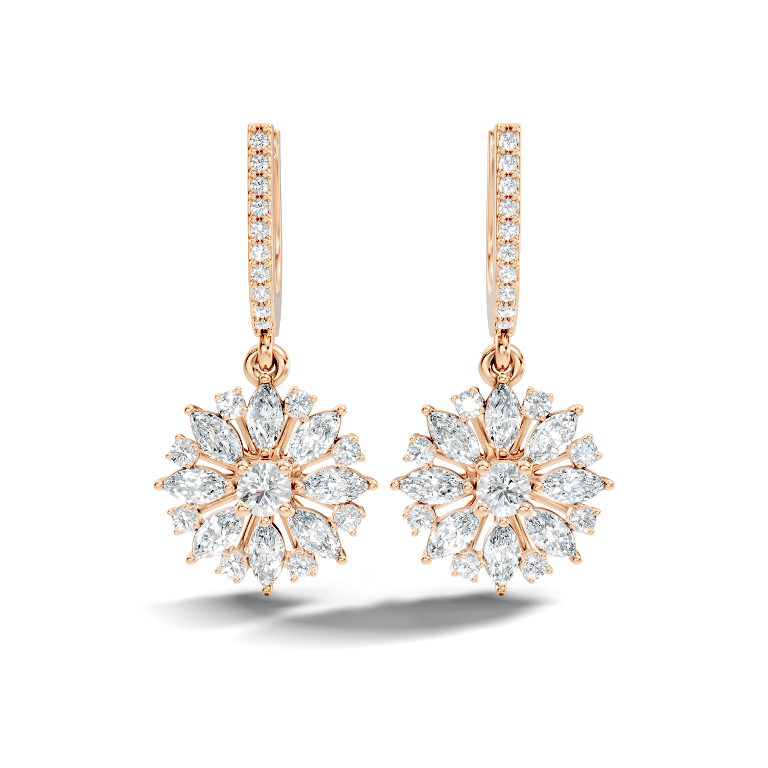 Marquise & Round Diamond Floral Sunburst Drop Earrings with Pavé Huggie Hoops