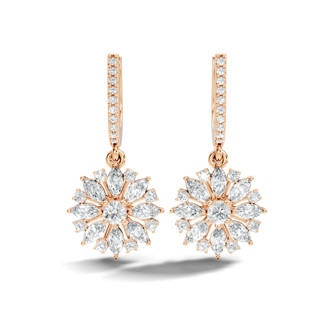 Marquise & Round Diamond Floral Sunburst Drop Earrings with Pavé Huggie Hoops