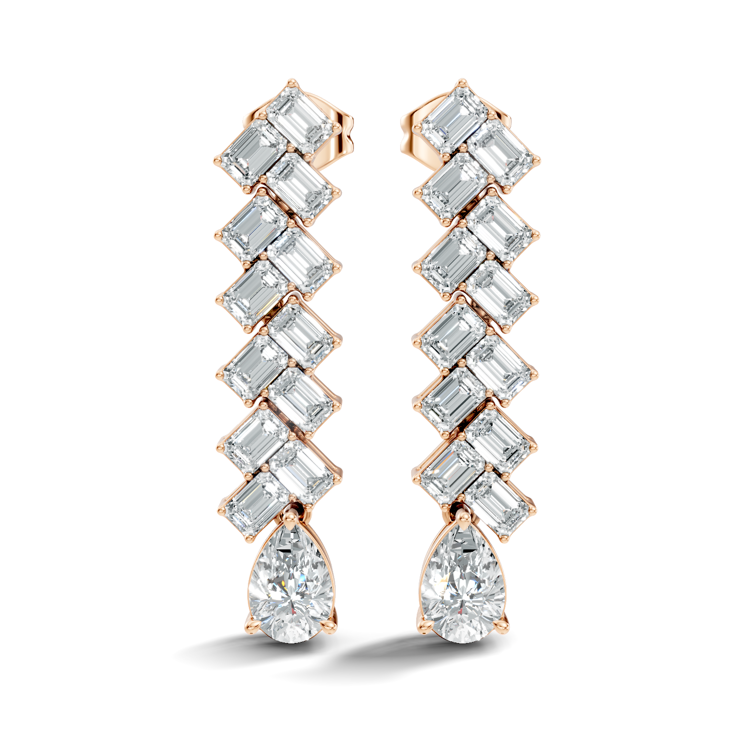 Emerald Cut Zig-Zag Column & Pear Drop Diamond Earrings