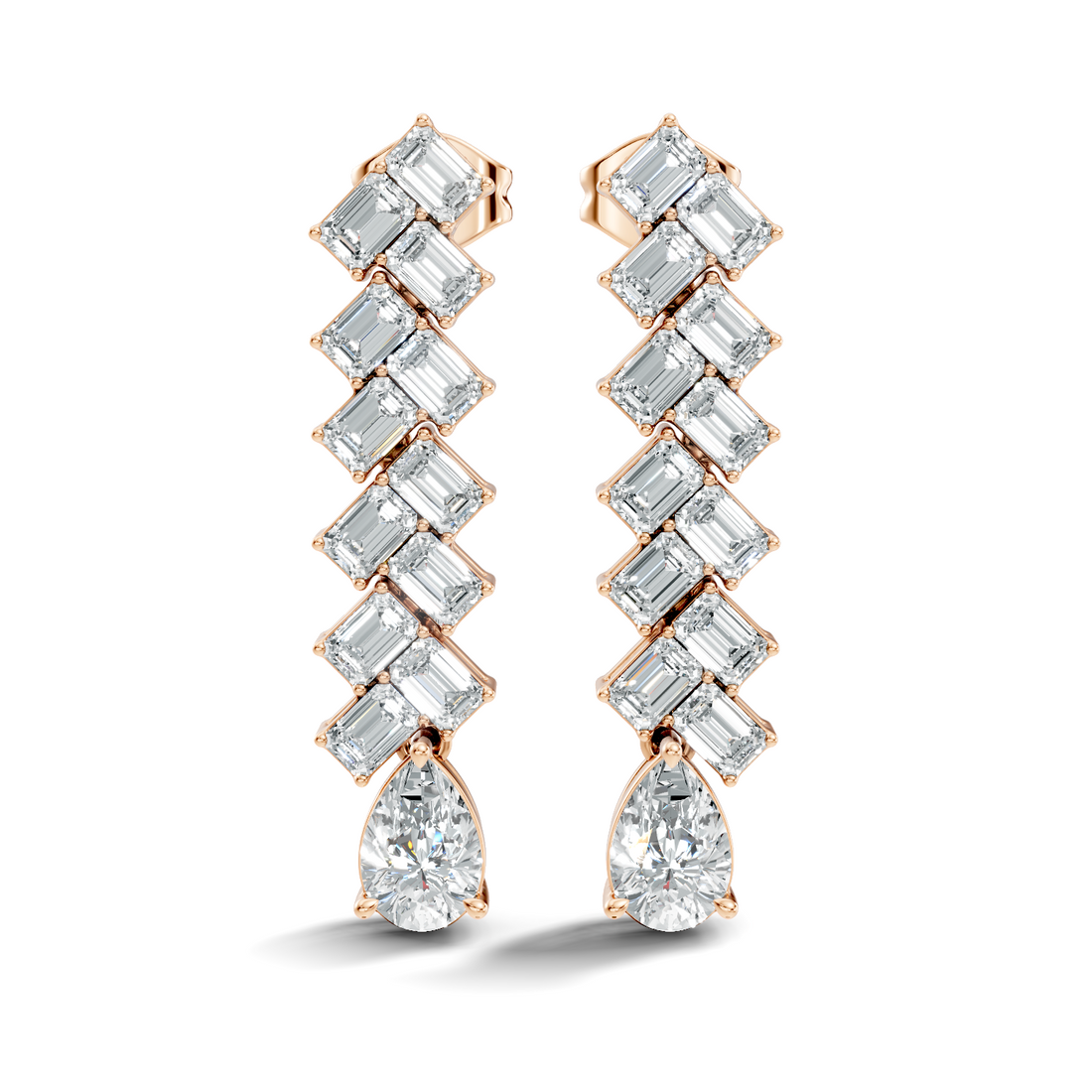 Emerald Cut Zig-Zag Column & Pear Drop Diamond Earrings