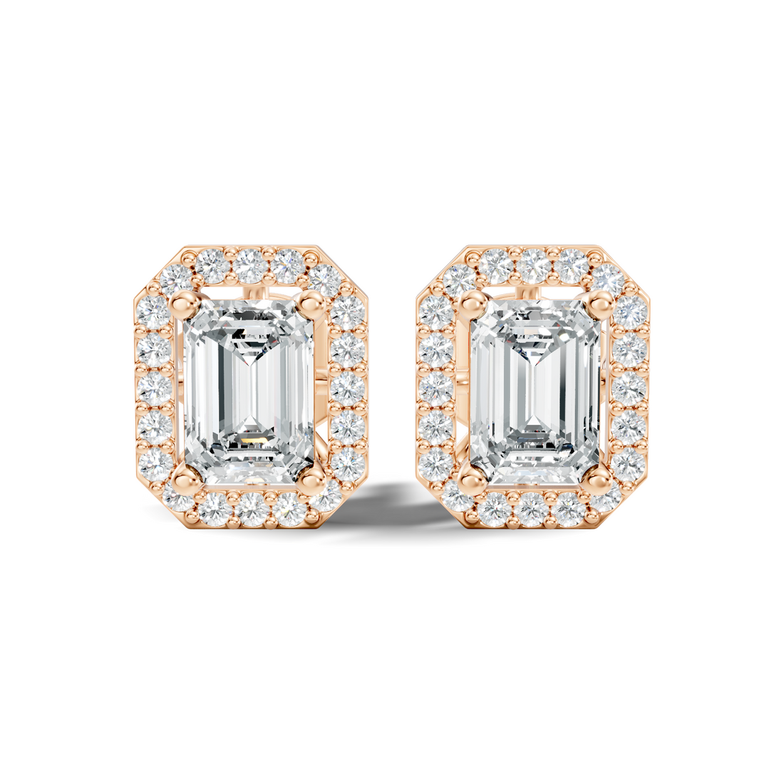 Emerald Cut Solitaire & Diamond Octagon Halo Stud