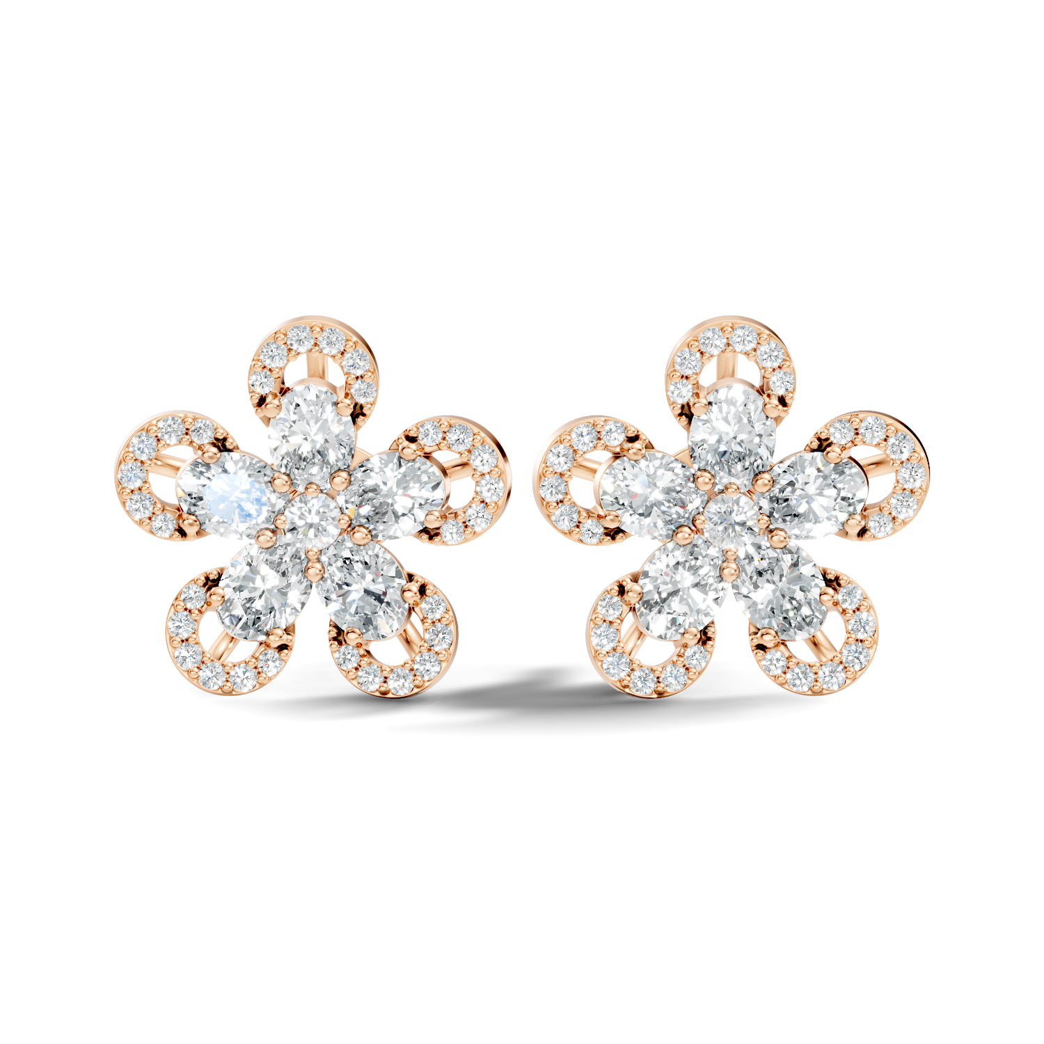 Oval & Round Diamond 5-Petal Openwork Flower Stud