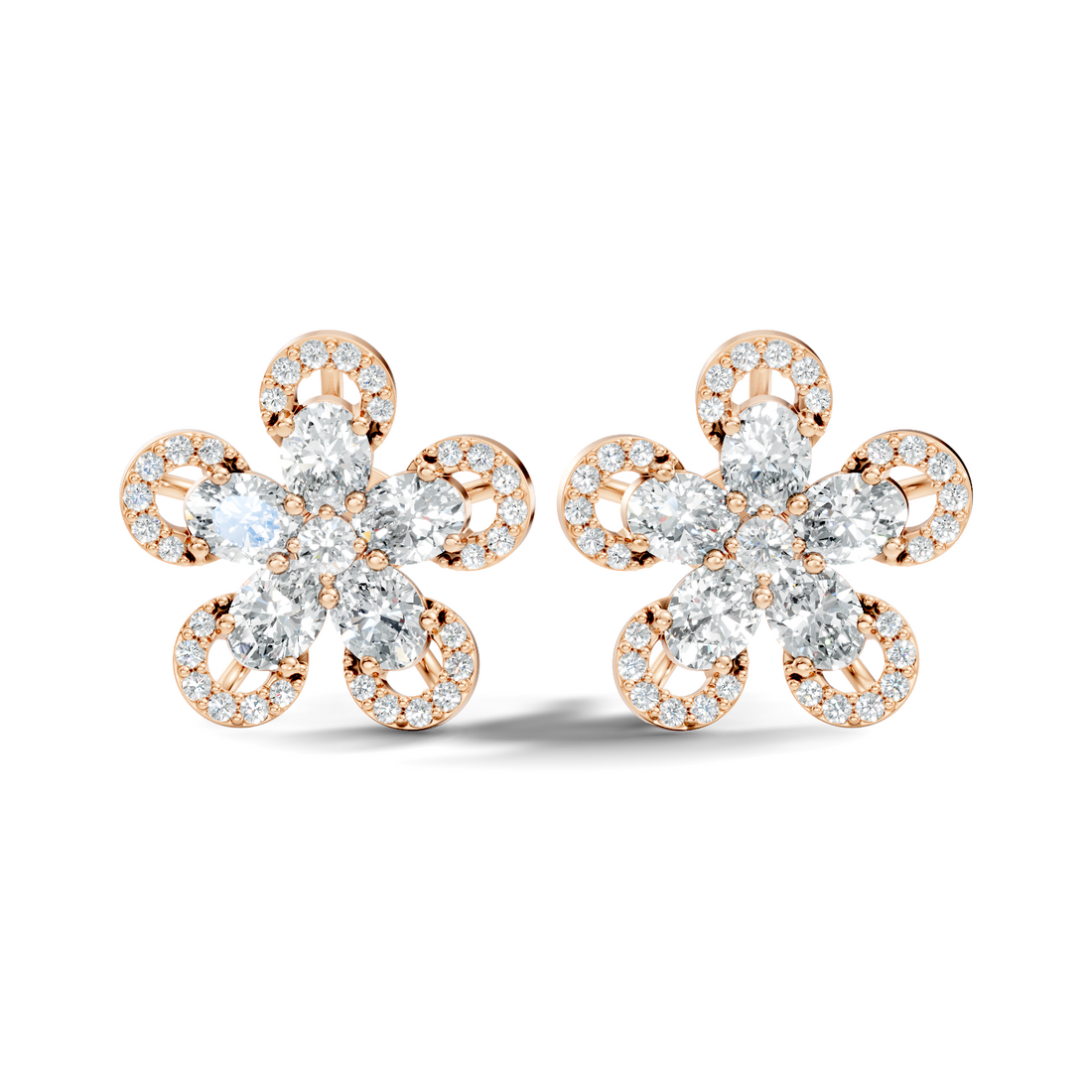 Oval & Round Diamond 5-Petal Openwork Flower Stud