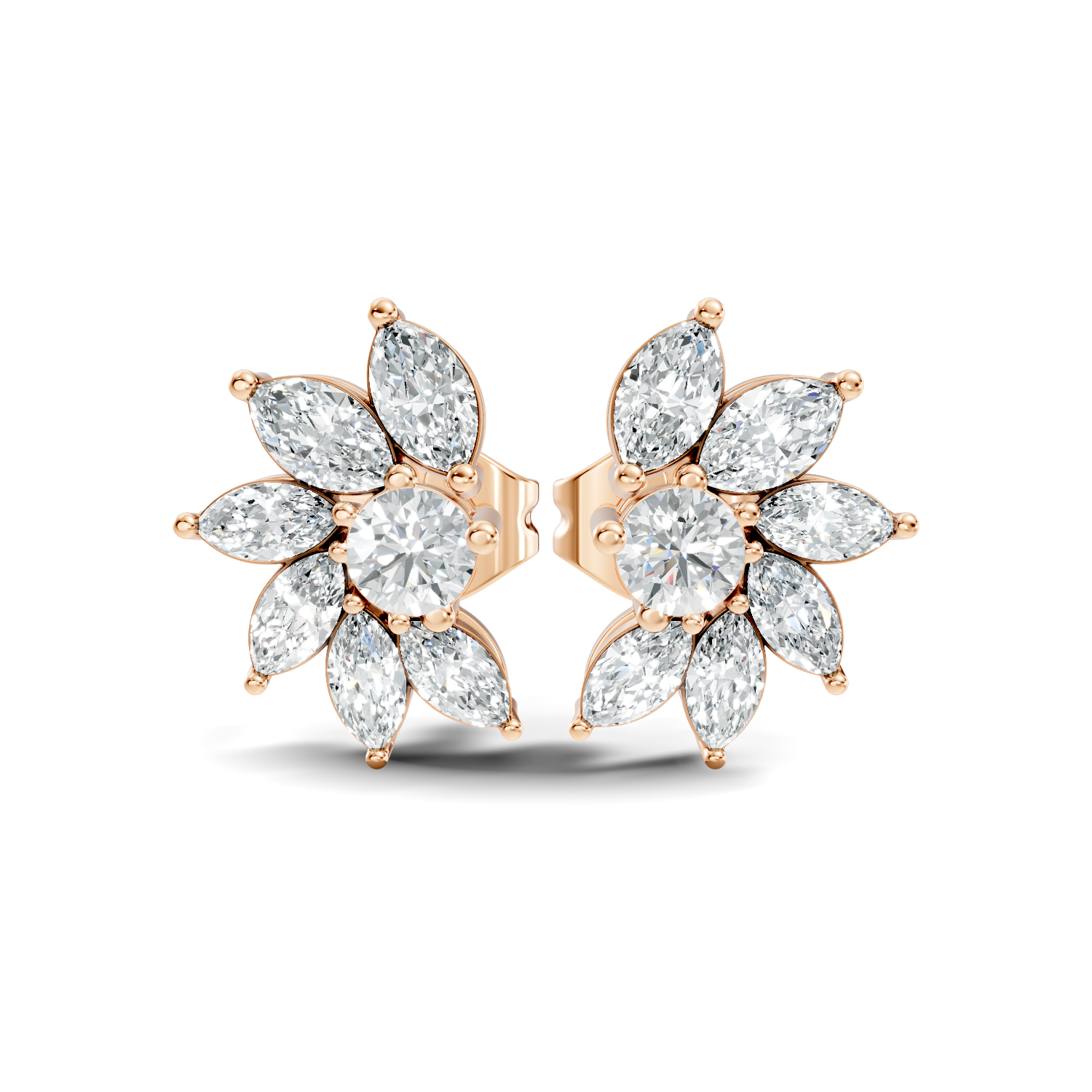 Marquise & Round Diamond Asymmetric Pinwheel Cluster Stud