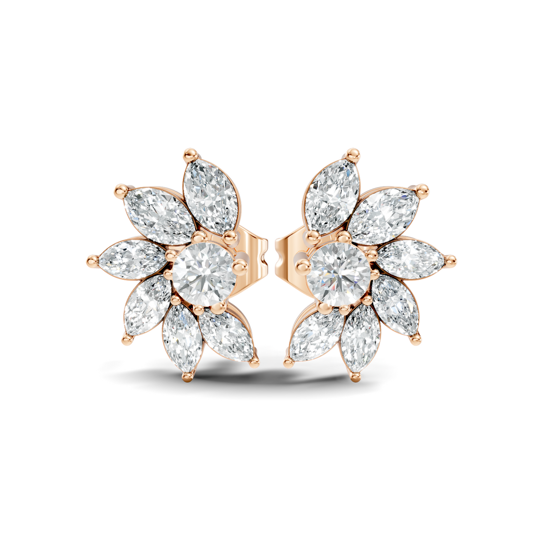 Marquise & Round Diamond Asymmetric Pinwheel Cluster Stud