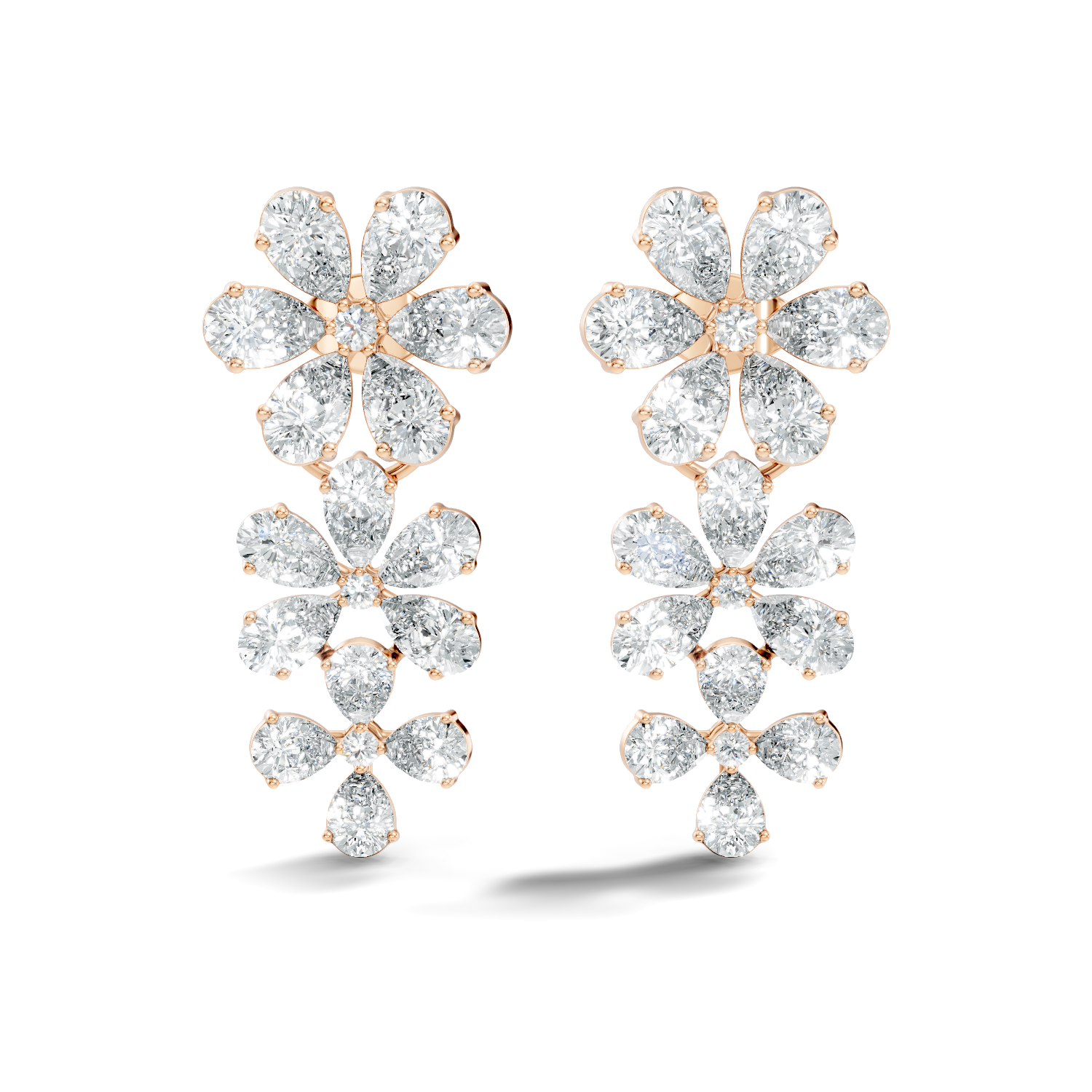 Pear & Round Diamond Triple Tier Floral Drop Earrings