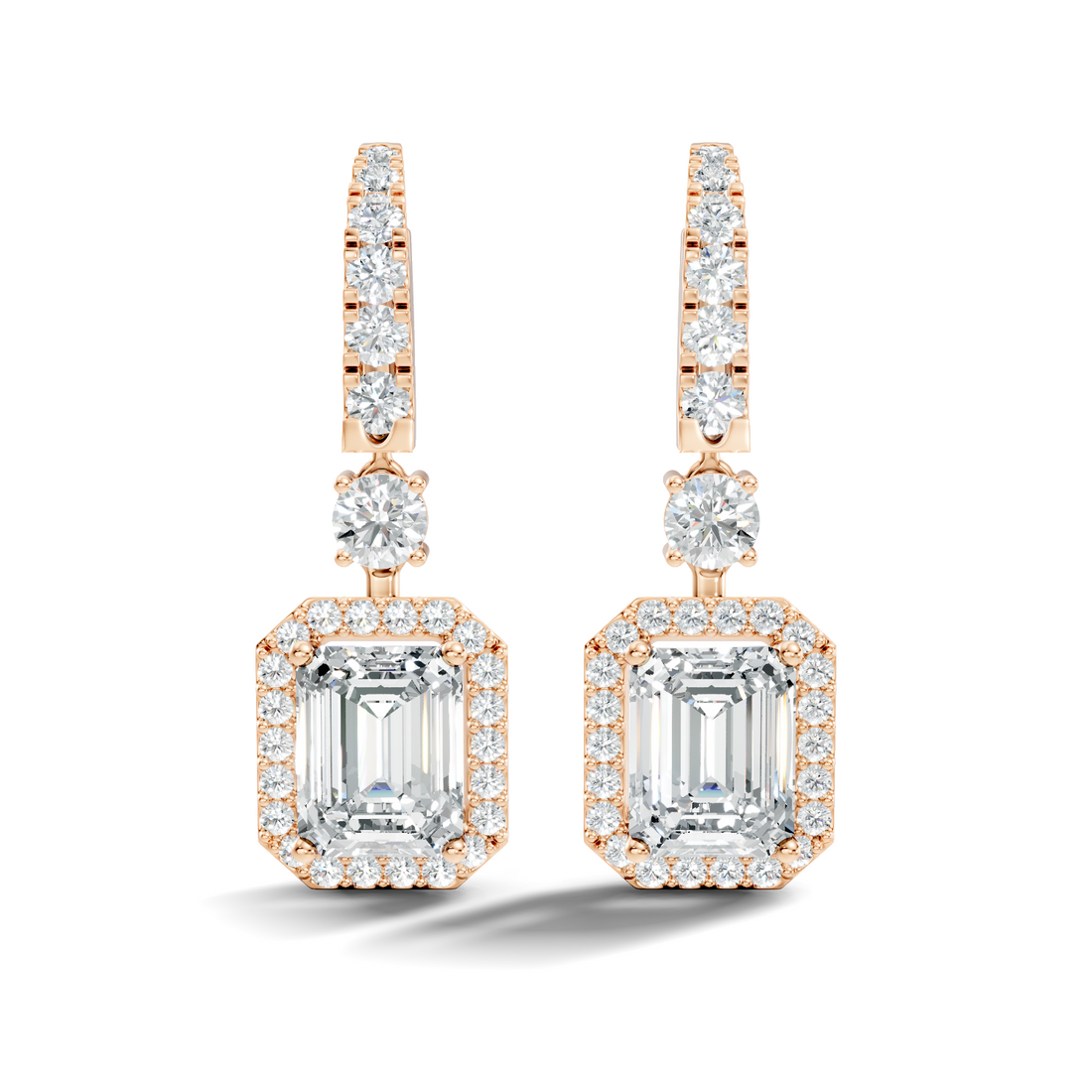 Emerald Cut Halo & Graduated Diamond Hoop Drop Earrings