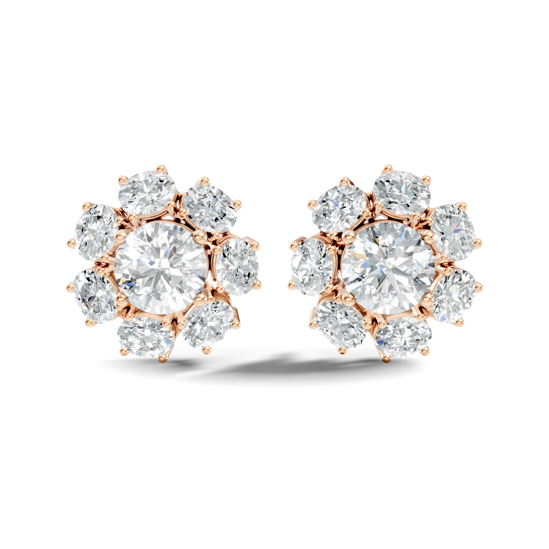 Oval Diamond Floral Cluster Stud Earrings