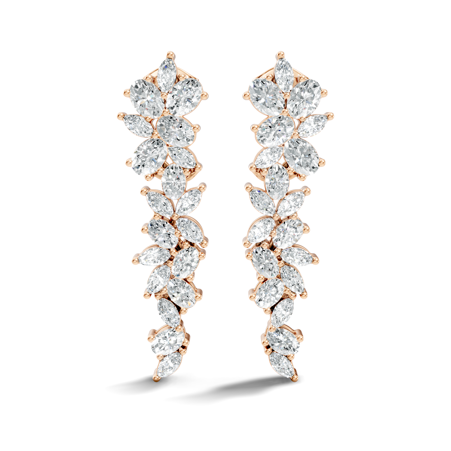 Oval & Marquise Leaf Vine Cascade Diamond Drop Earrings