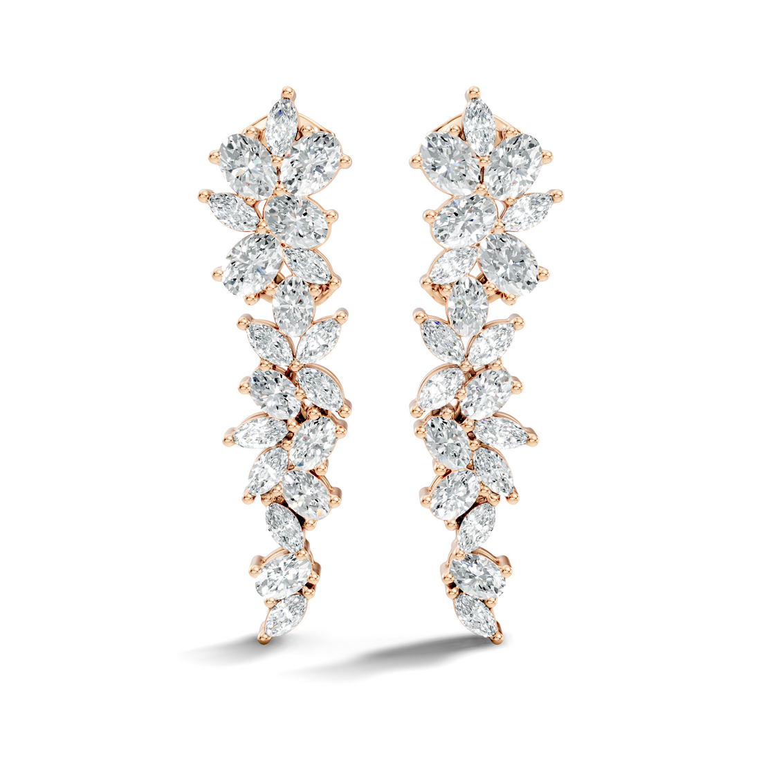 Oval & Marquise Leaf Vine Cascade Diamond Drop Earrings
