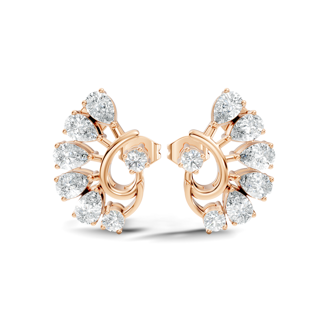 Pear & Round Peacock Fan Arc Diamond Stud