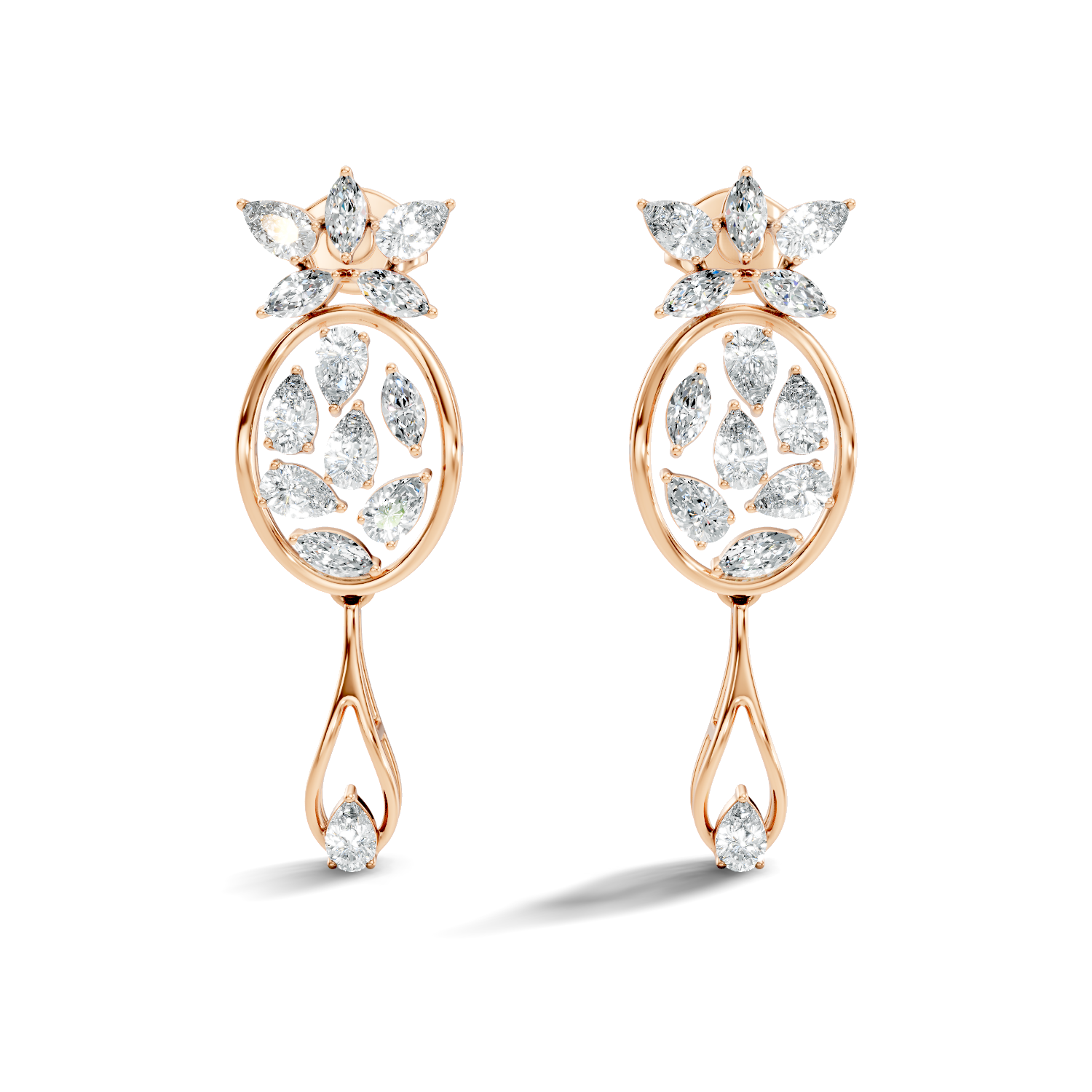 Oval Leaf Frame & Teardrop Marquise Pear Diamond Dangle Earrings (2.00 TCW)