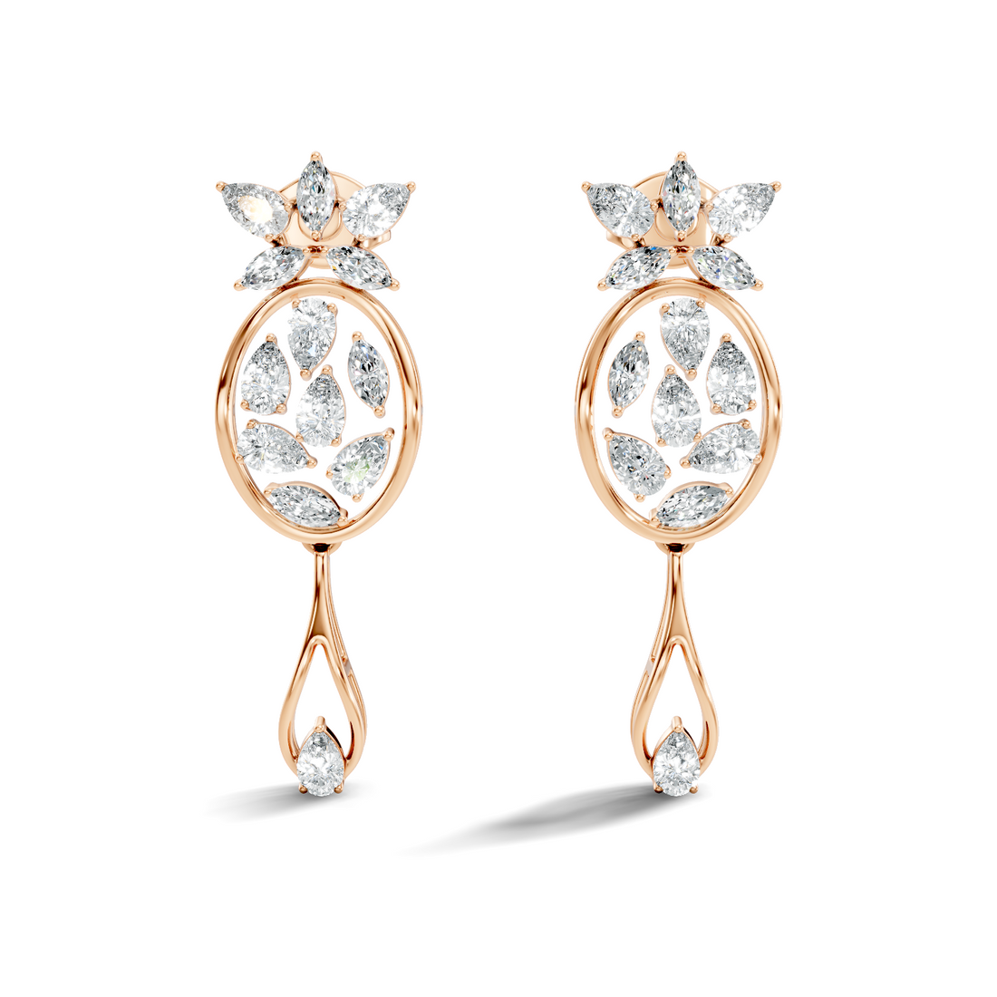 Oval Leaf Frame & Teardrop Marquise Pear Diamond Dangle Earrings (2.00 TCW)