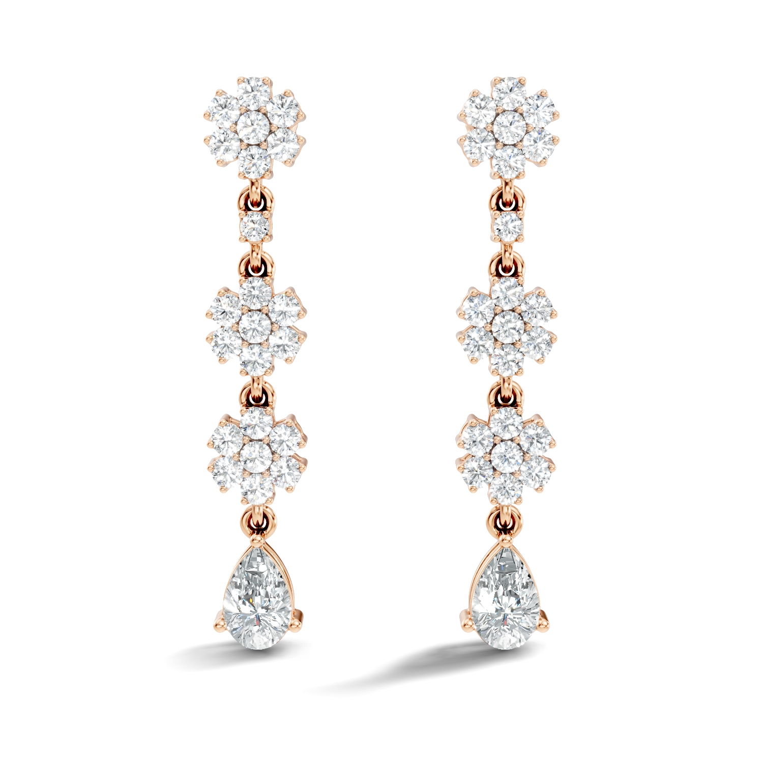 Triple Floral Cluster & Pear Diamond Drop Earrings