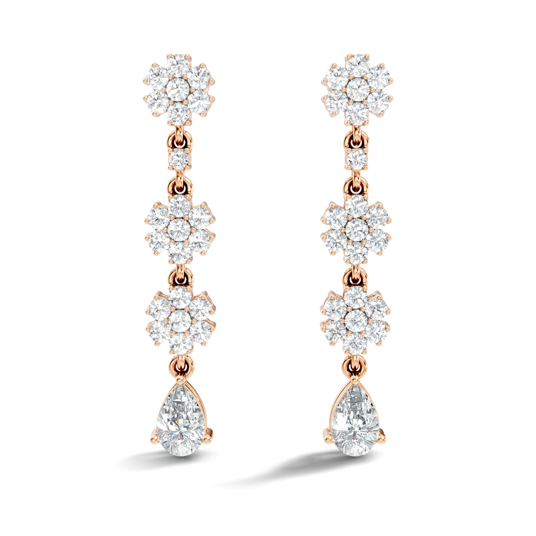 Triple Floral Cluster & Pear Diamond Drop Earrings