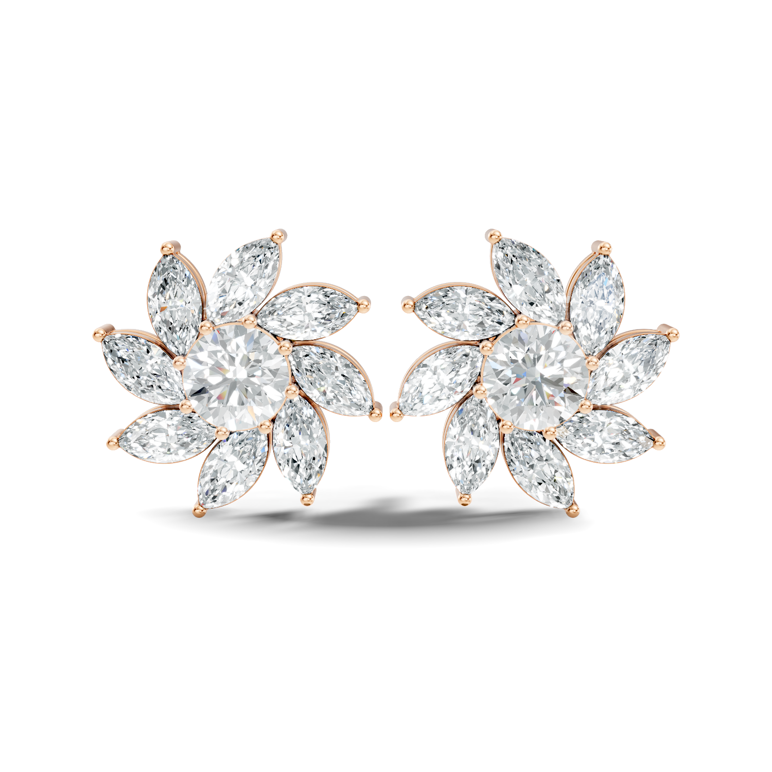 Round & Marquise Pinwheel Floral Diamond Cluster Stud