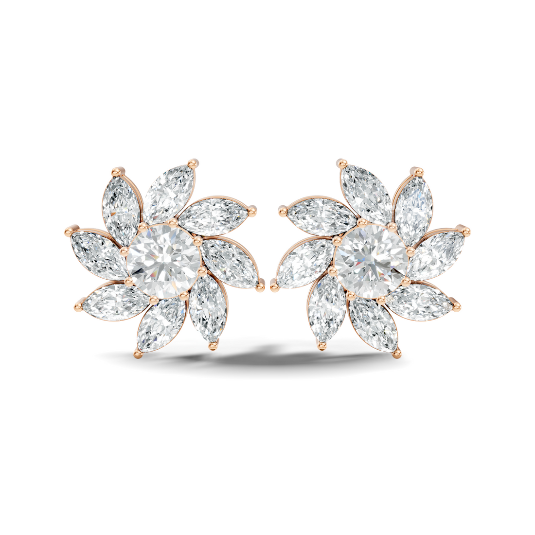 Round & Marquise Pinwheel Floral Diamond Cluster Stud