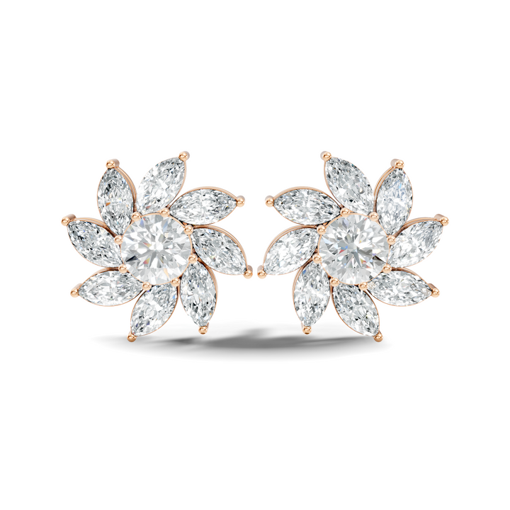 Round & Marquise Pinwheel Floral Diamond Cluster Stud