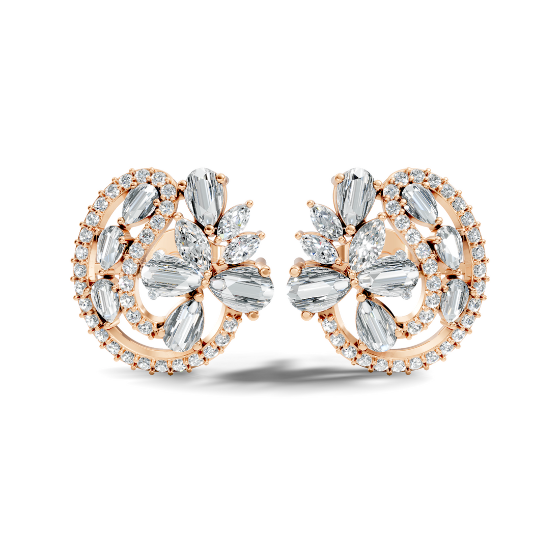 Floral Bouquet & Swirl Halo Diamond Cluster Stud