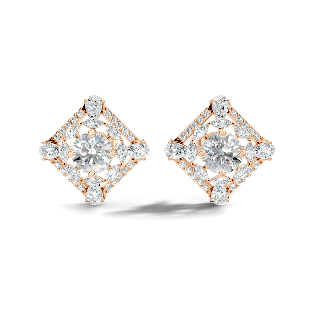 Round Solitaire & Diamond Rhombus Filigree Stud