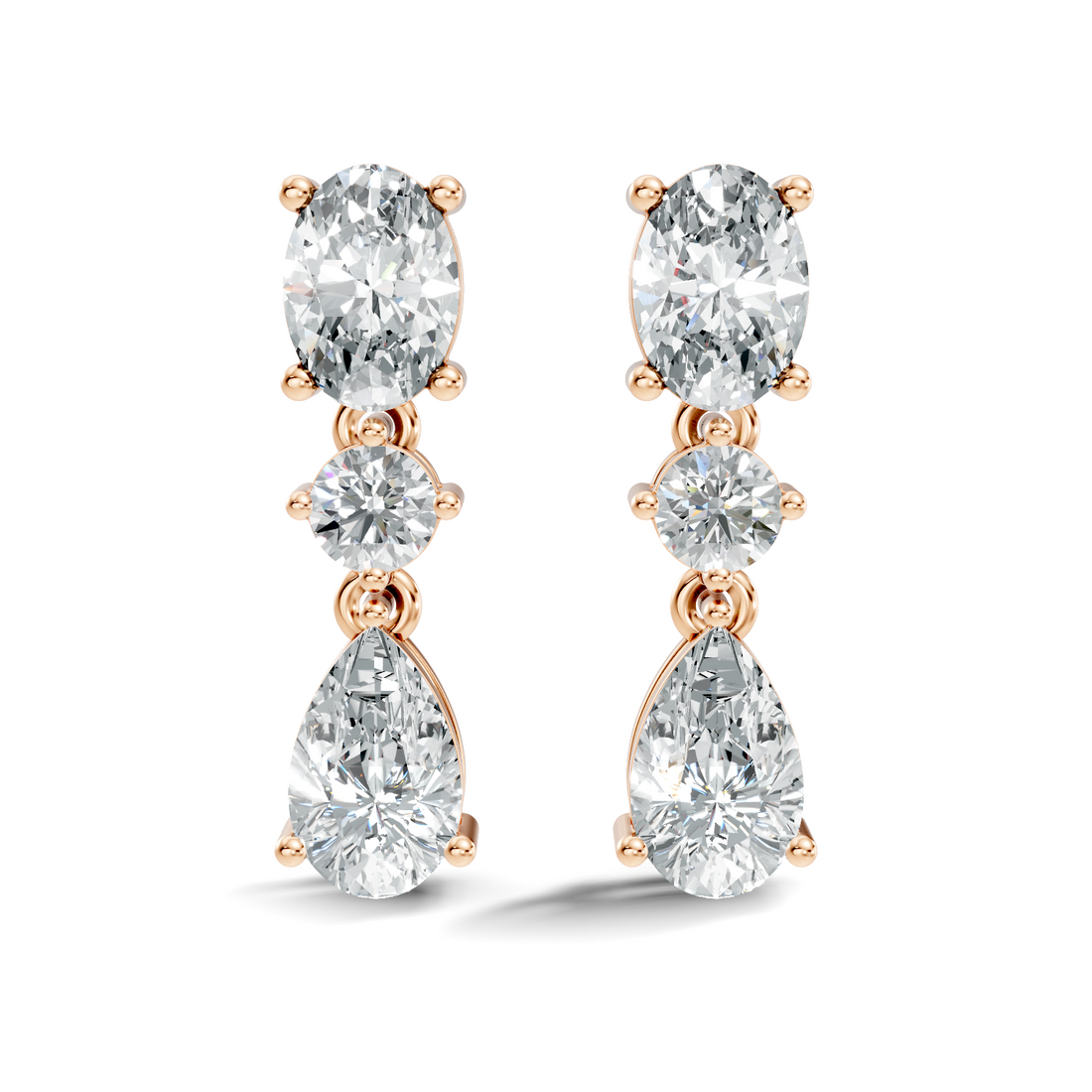 Oval, Round & Pear Three-Stone Linear Diamond Drop Earrings
