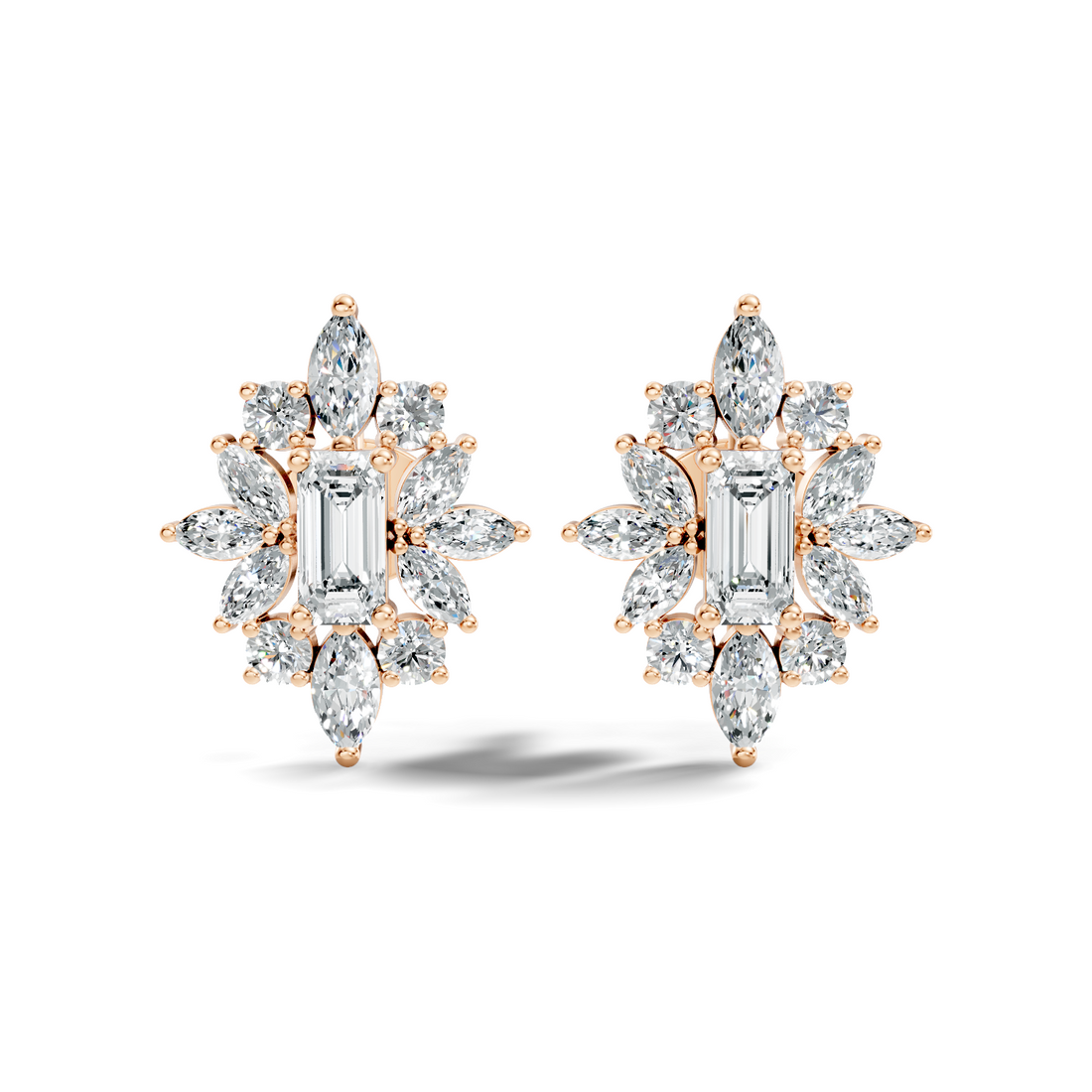 Emerald Cut Solitaire & Marquise Sunburst Cluster Stud