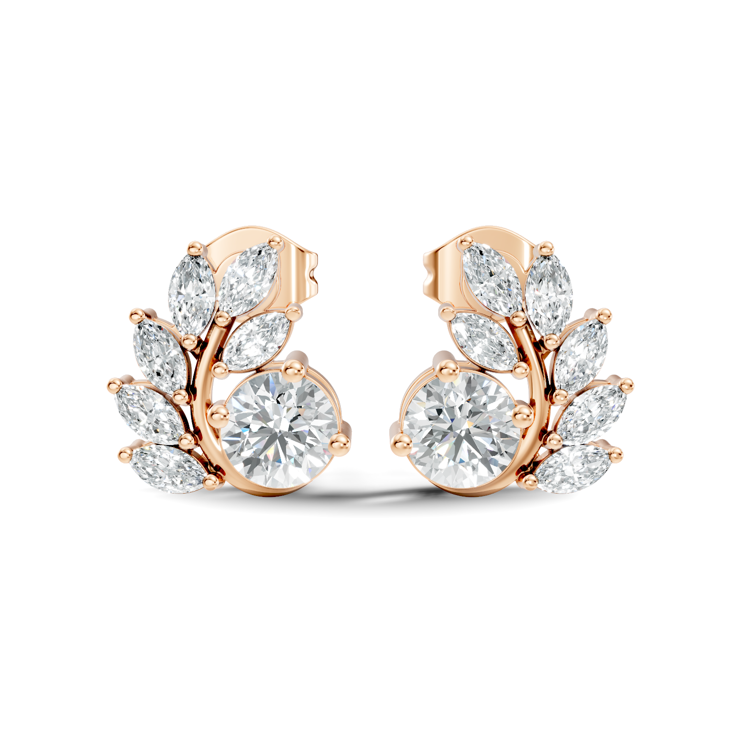 Round & Marquise Curved Leaf Vine Diamond Stud