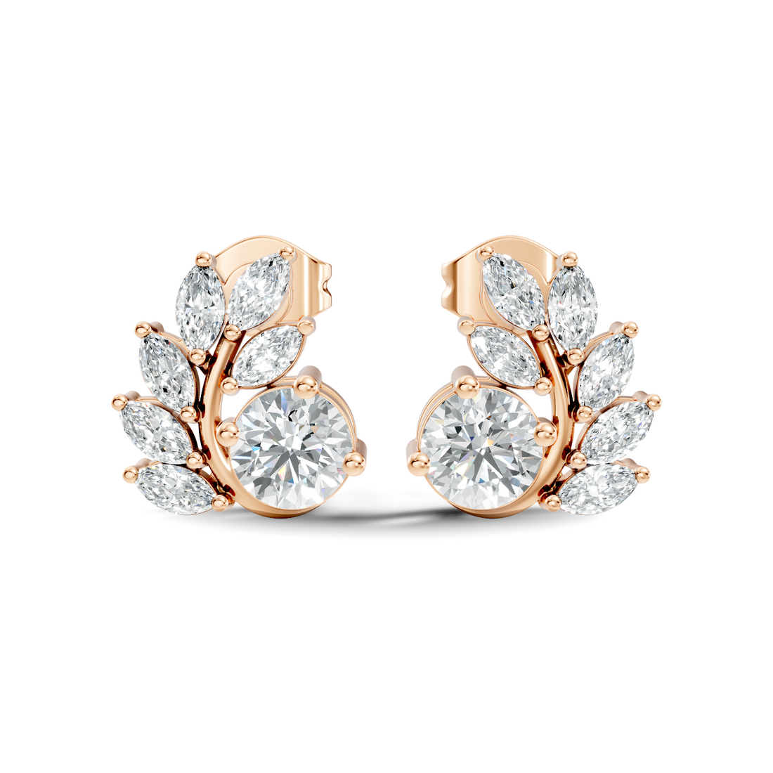 Round & Marquise Curved Leaf Vine Diamond Stud