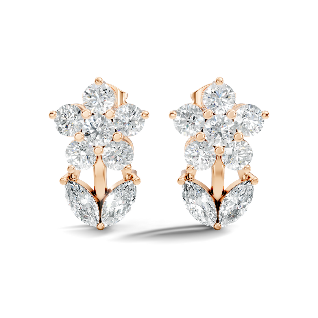 Round Floral Bloom & Marquise Leaf Diamond Stud