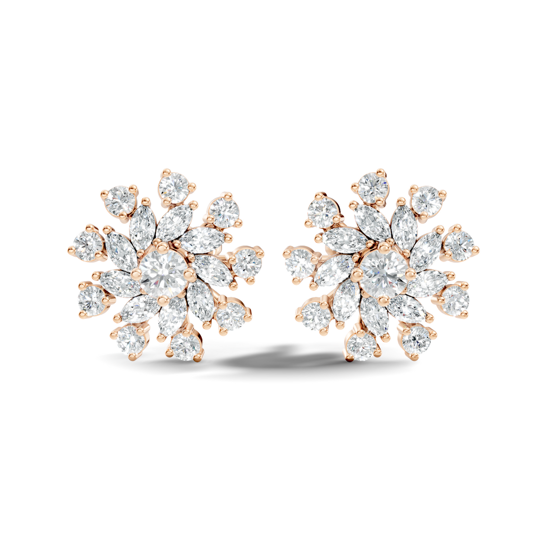 Marquise & Round Diamond Snowflake Floral Cluster Stud