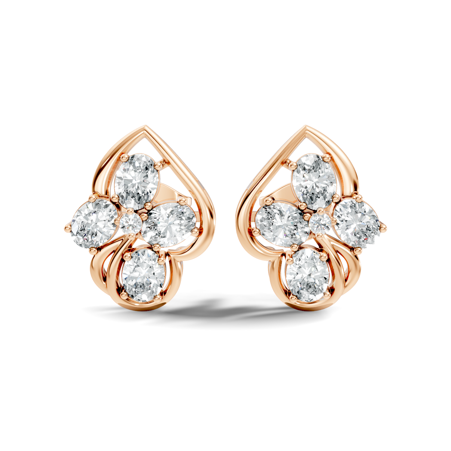 Oval & Round Diamond Leaf Contour Cluster Stud
