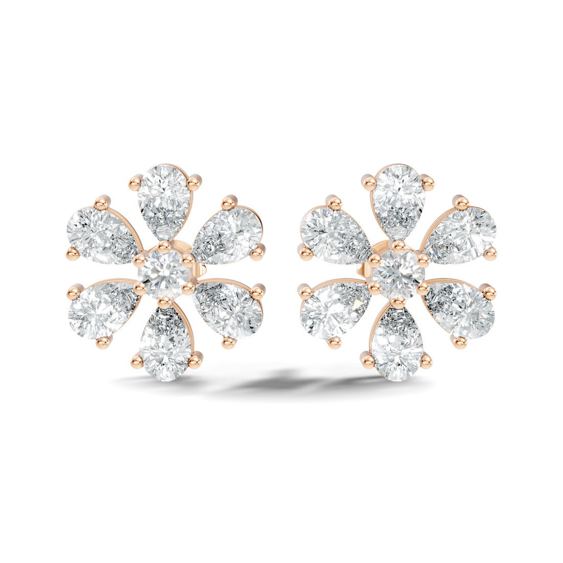 Pear & Round Diamond Floral Blossom Cluster Stud