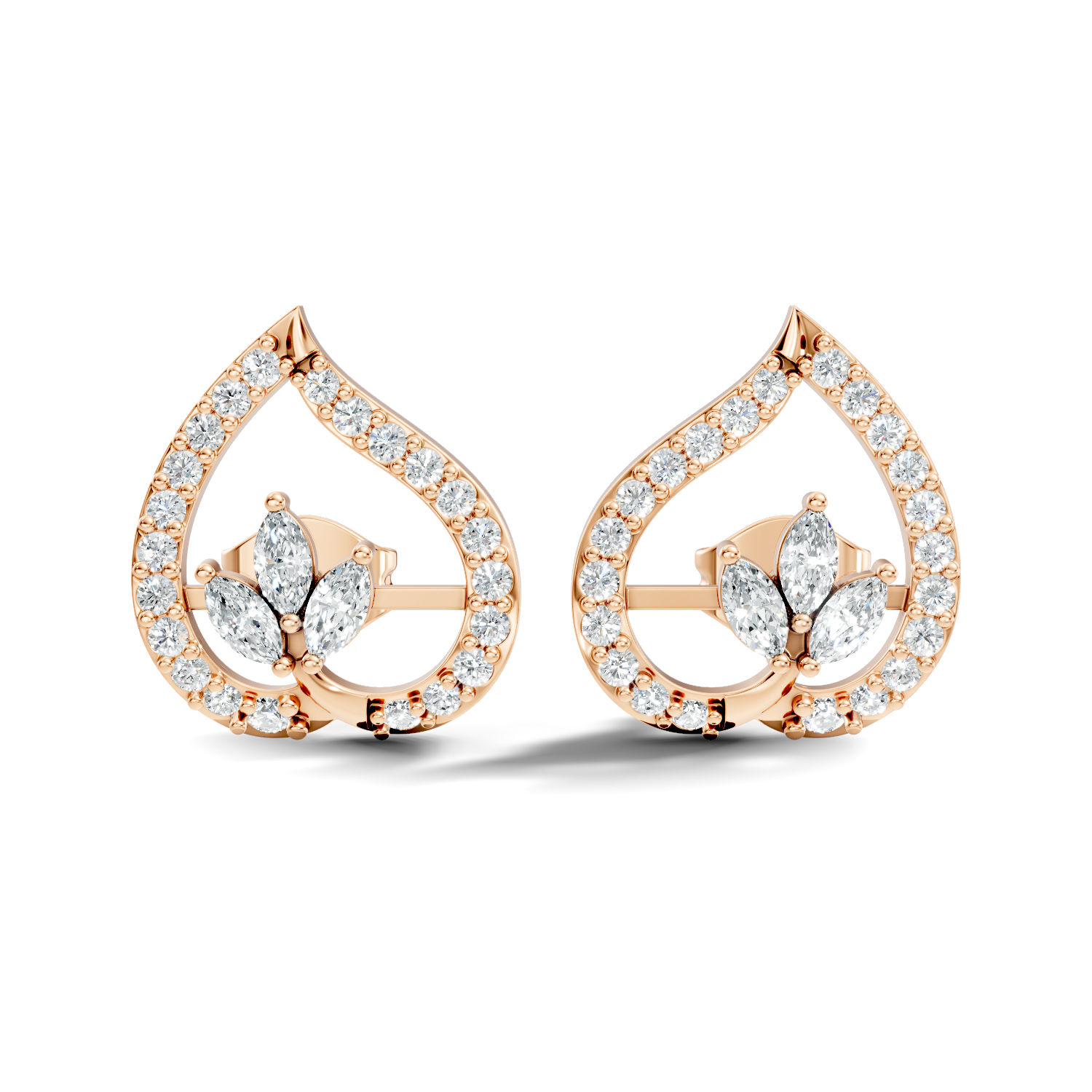 Marquise & Round Diamond Openwork Leaf Stud