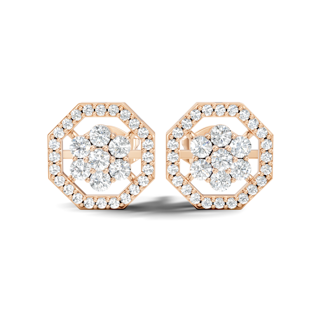 Round Diamond Flower Cluster & Octagon Geometric Halo Stud