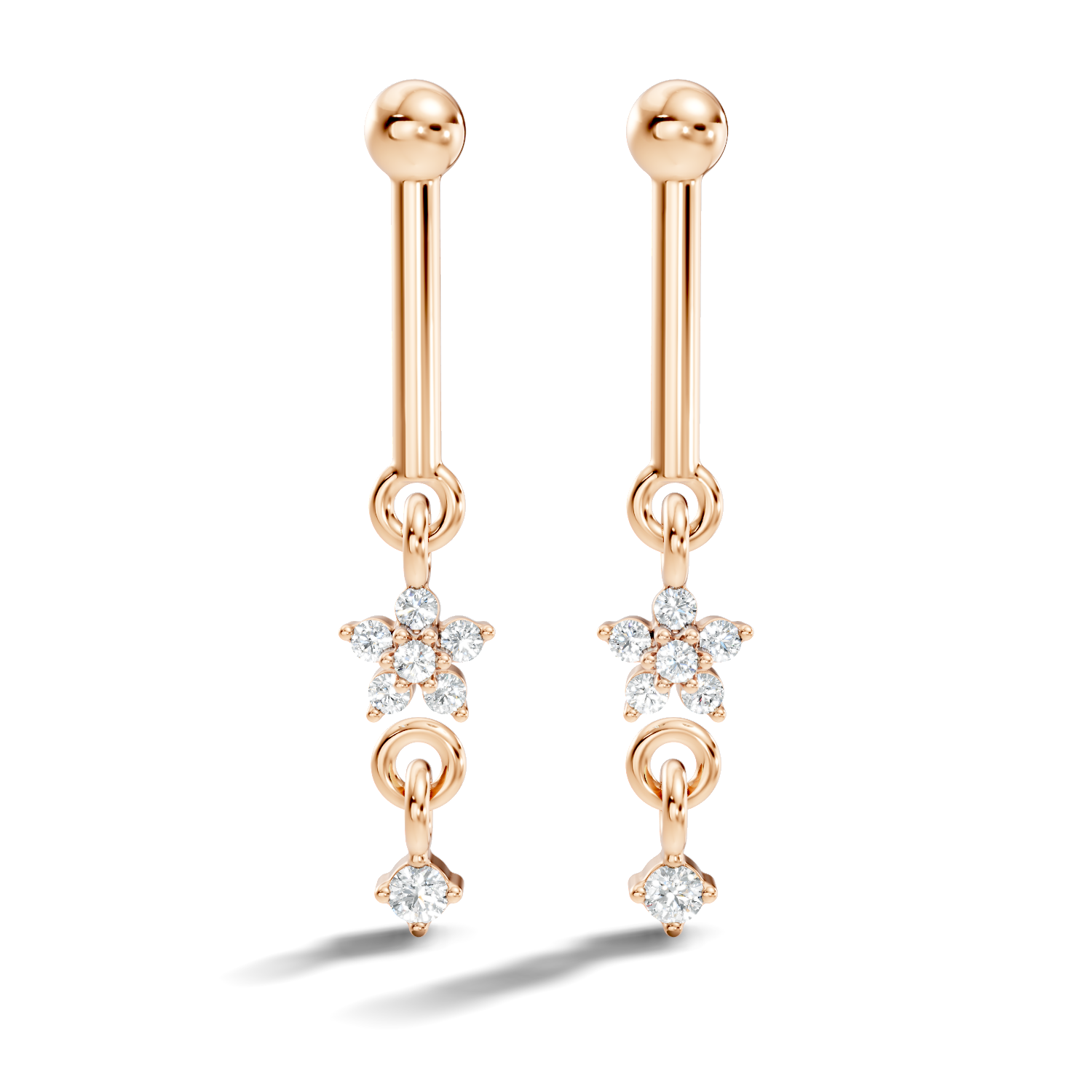 Round Diamond Bar & Floral Drop Earrings