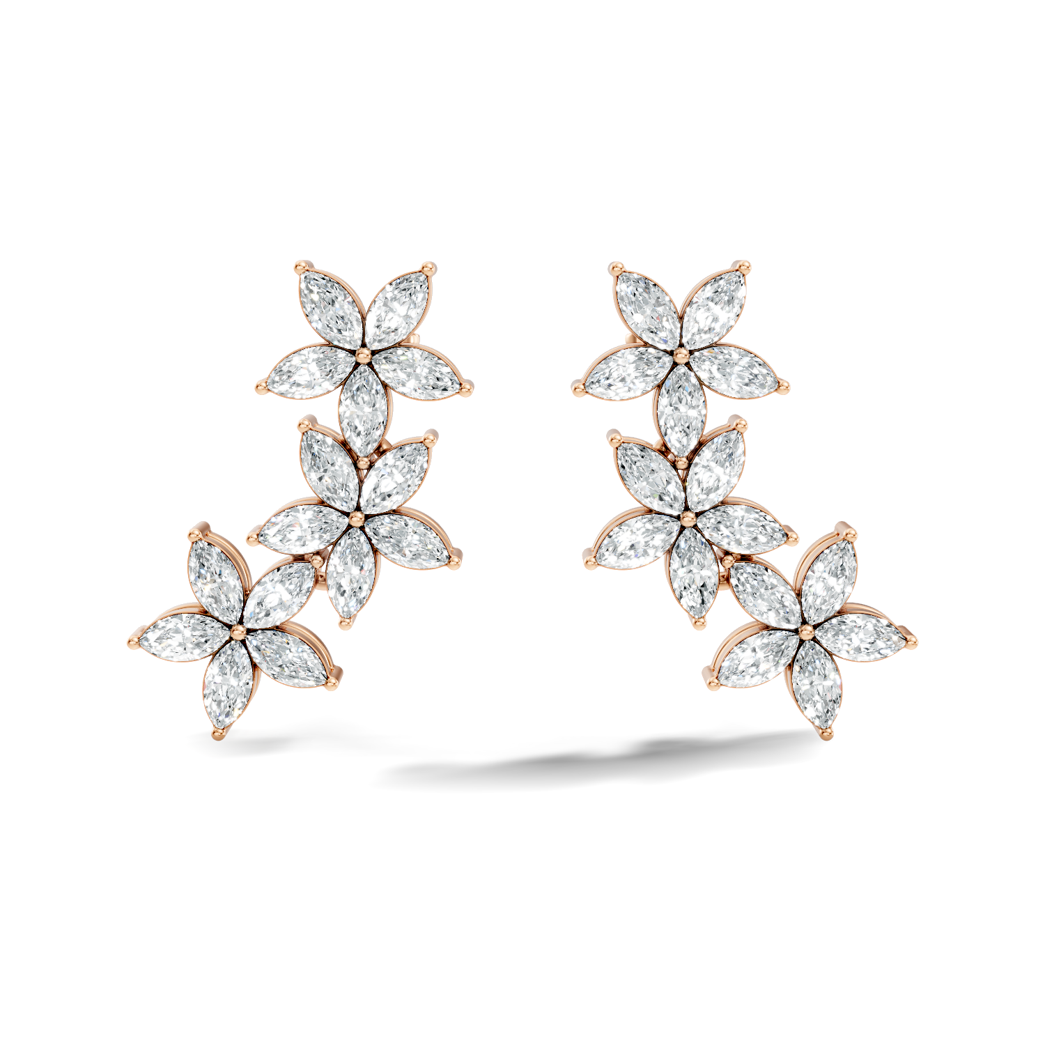 Triple Floral Marquise Diamond Ear Climber Earrings