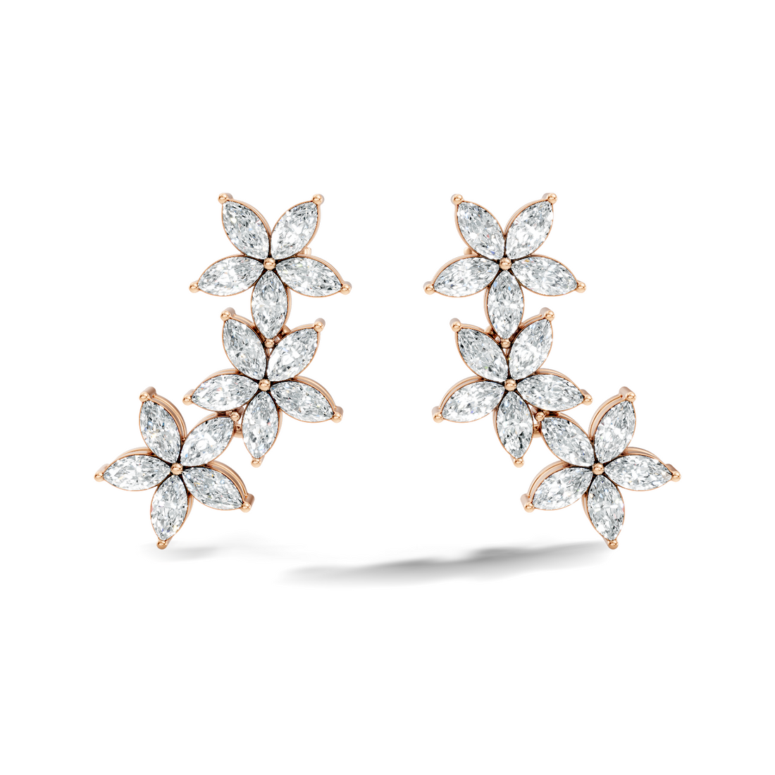 Triple Floral Marquise Diamond Ear Climber Earrings