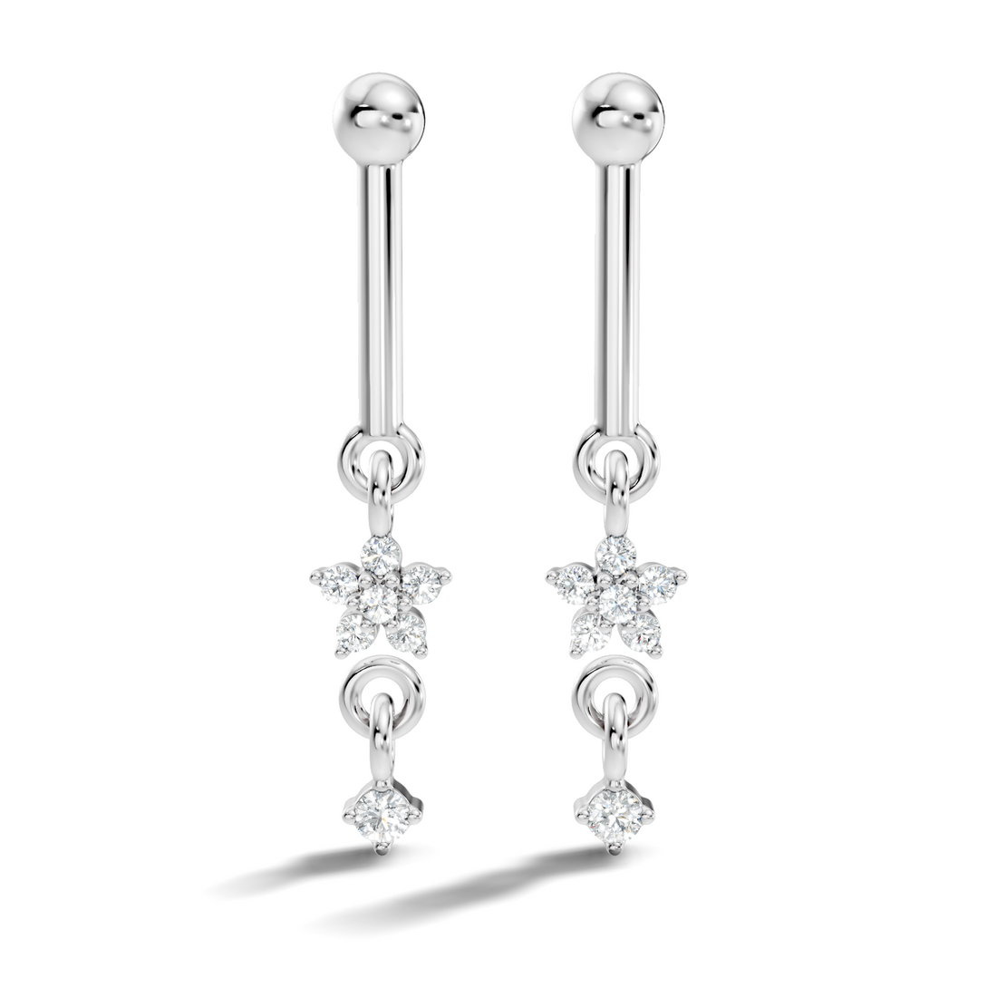 Round Diamond Bar & Floral Drop Earrings