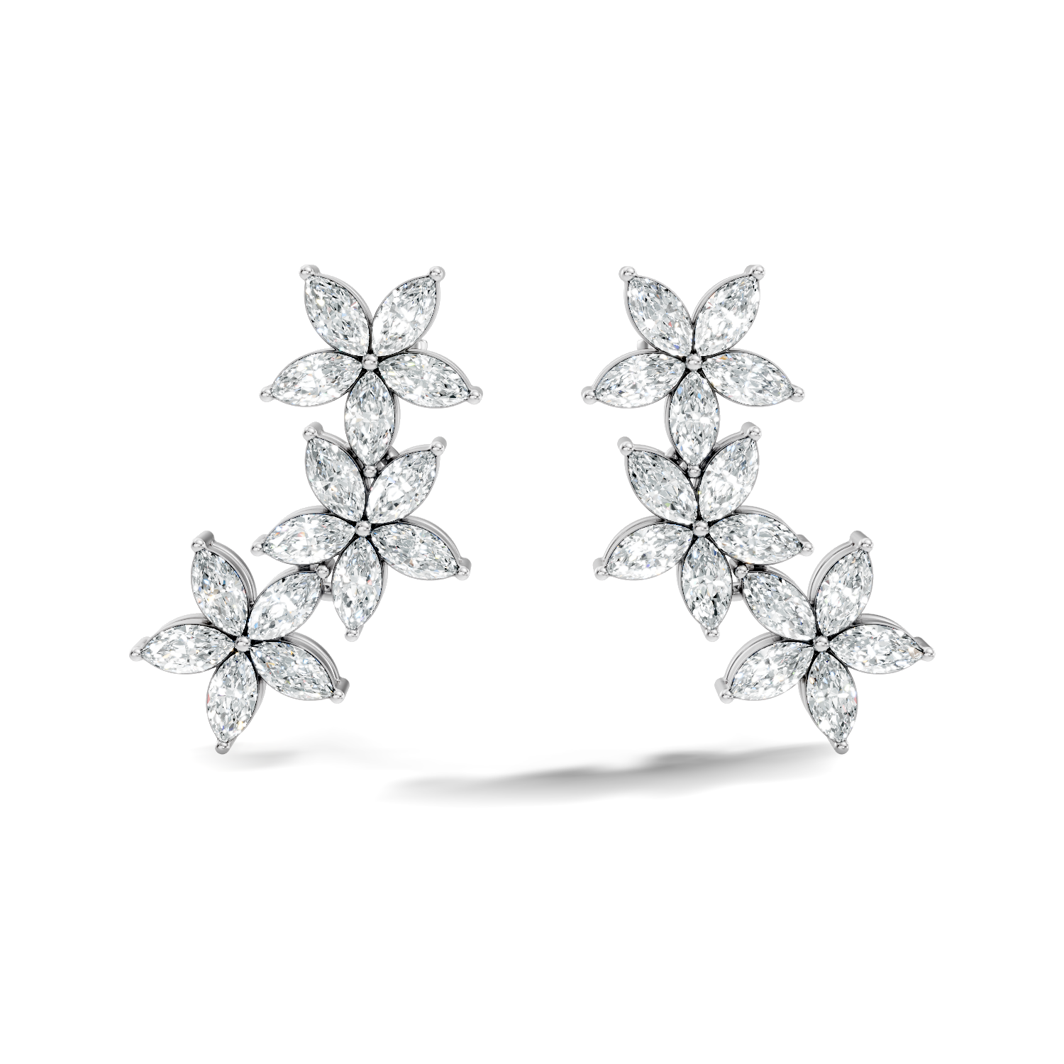 Triple Floral Marquise Diamond Ear Climber Earrings