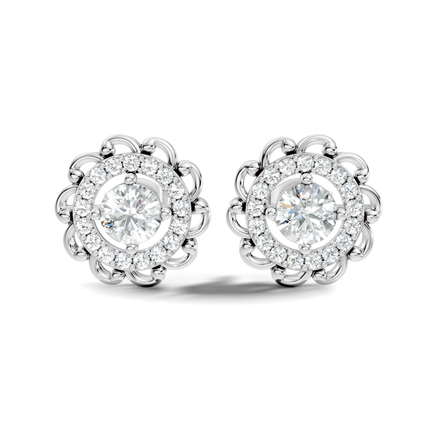 Round Solitaire & Scalloped Halo Diamond Stud