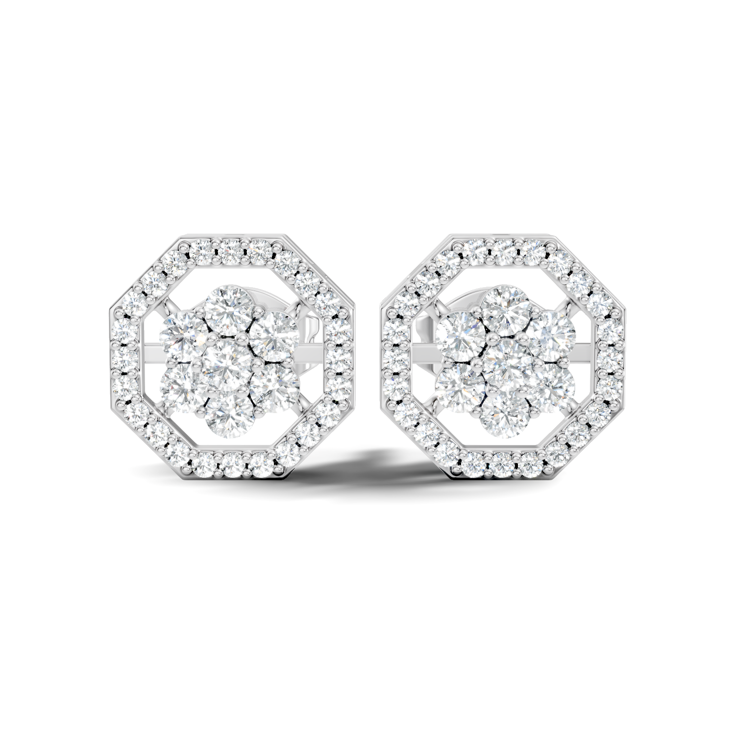 Round Diamond Flower Cluster & Octagon Geometric Halo Stud