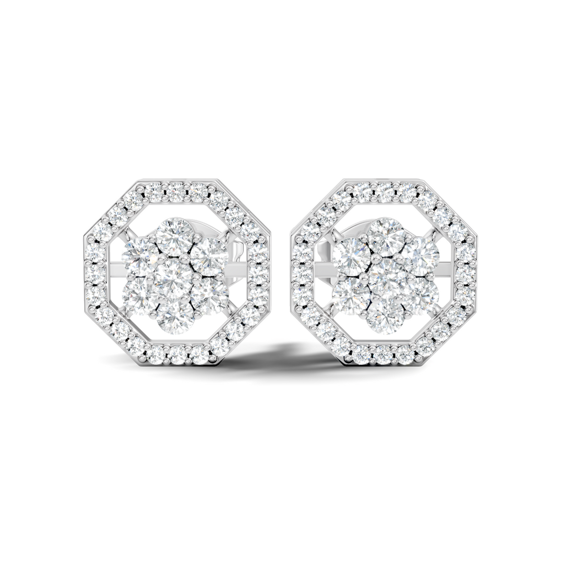 Round Diamond Flower Cluster & Octagon Geometric Halo Stud