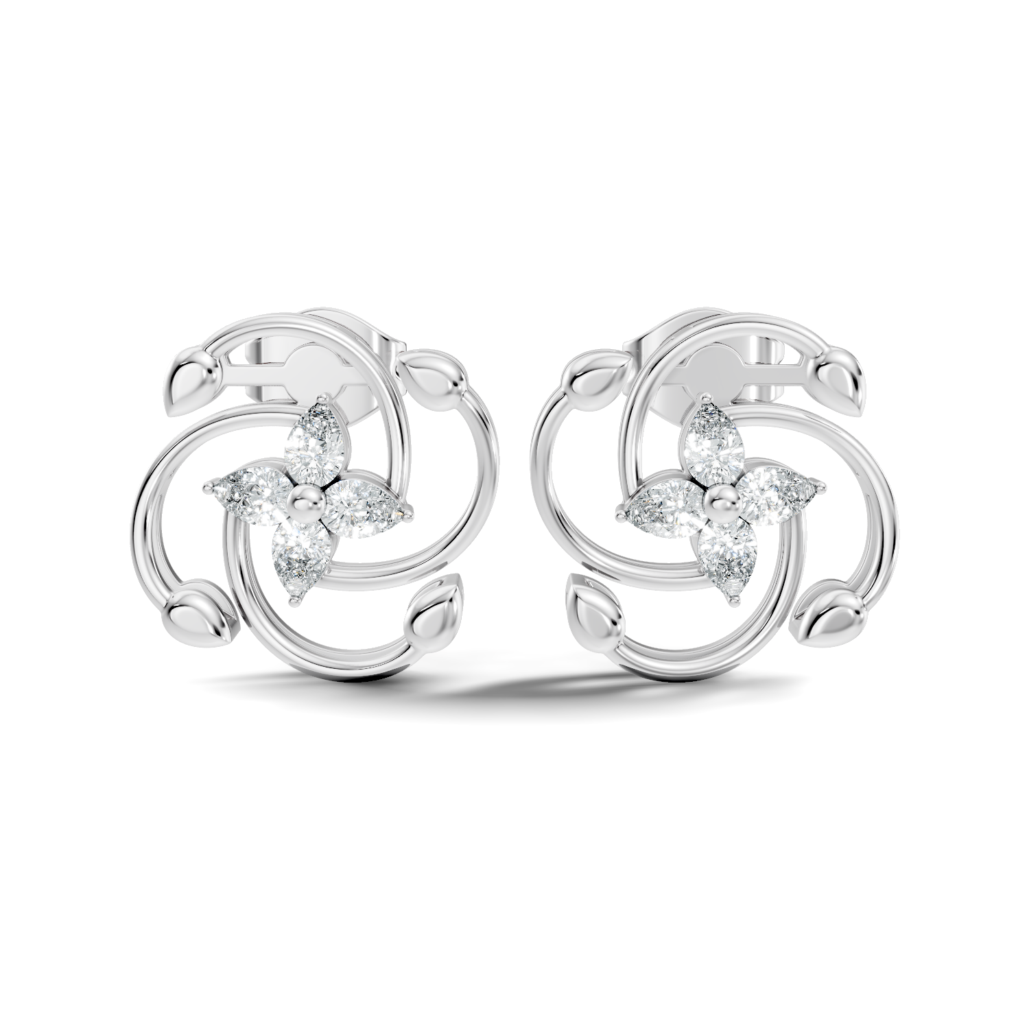 Pear Diamond Four-Petal Flower & Pinwheel Swirl Stud