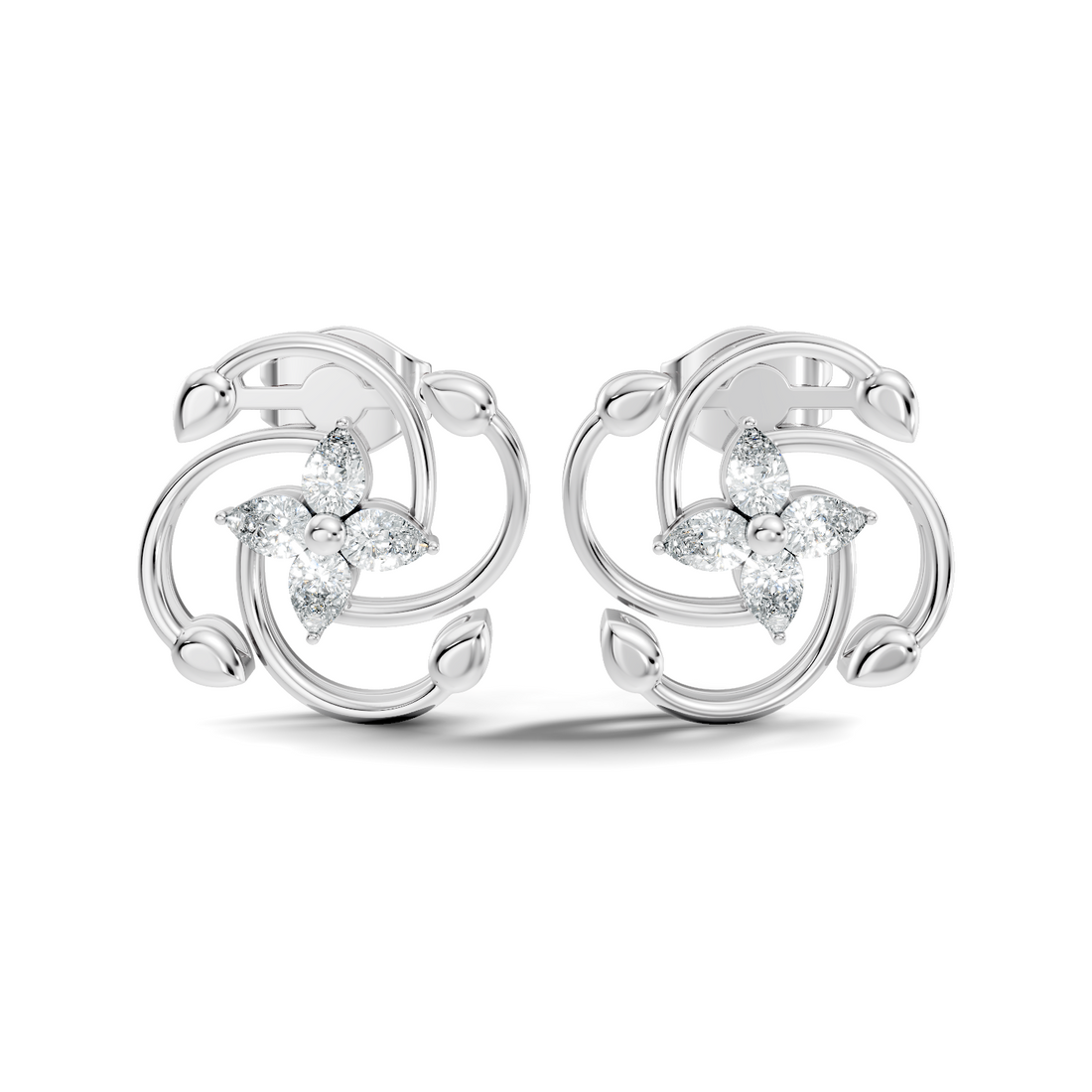 Pear Diamond Four-Petal Flower & Pinwheel Swirl Stud