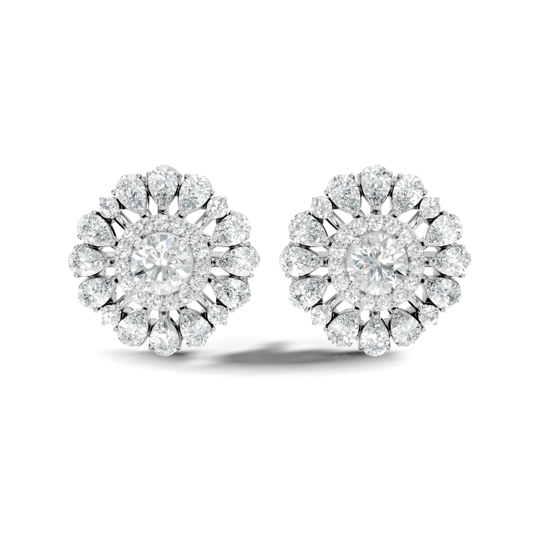 Pear & Round Floral Sunburst Diamond Studs