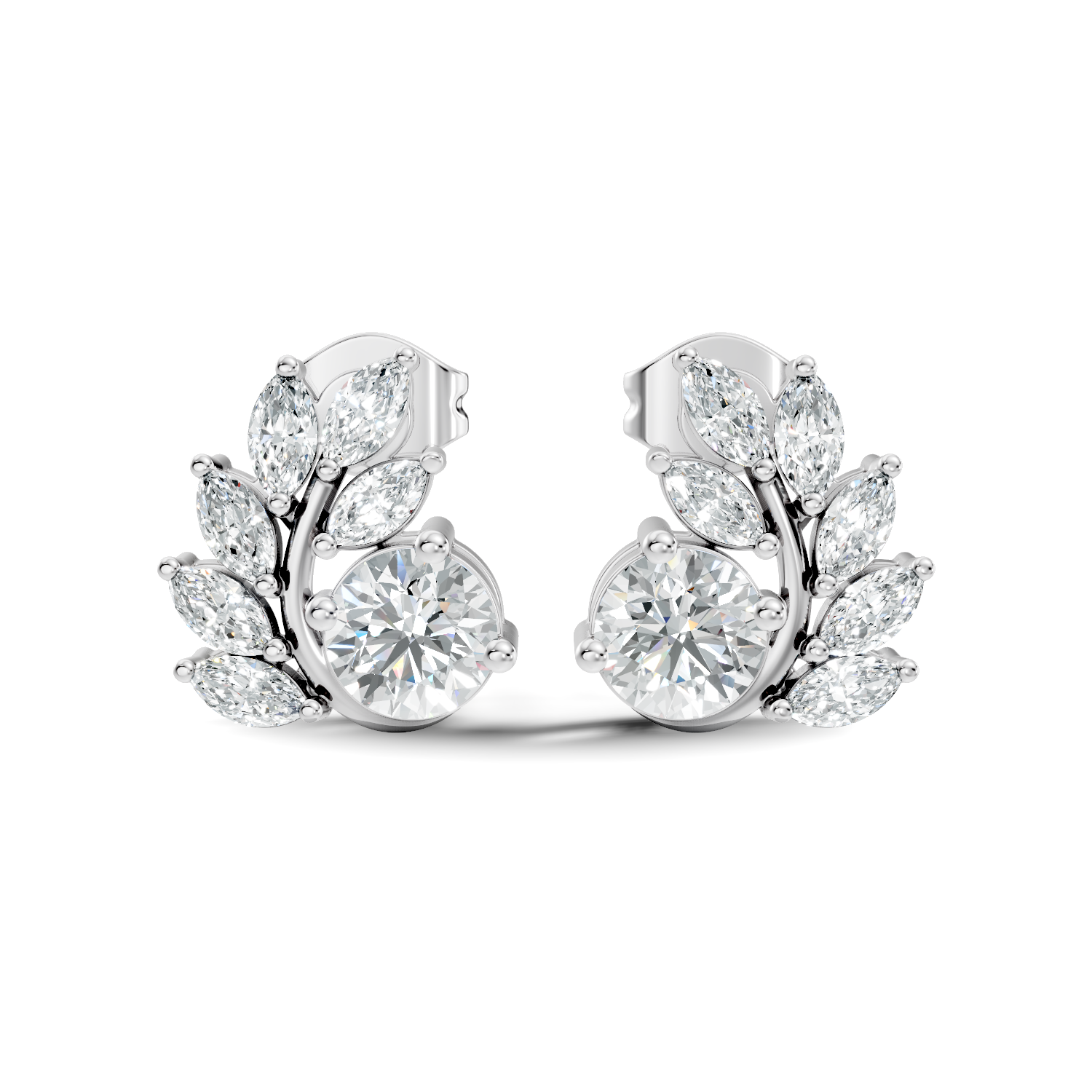 Round & Marquise Curved Leaf Vine Diamond Stud