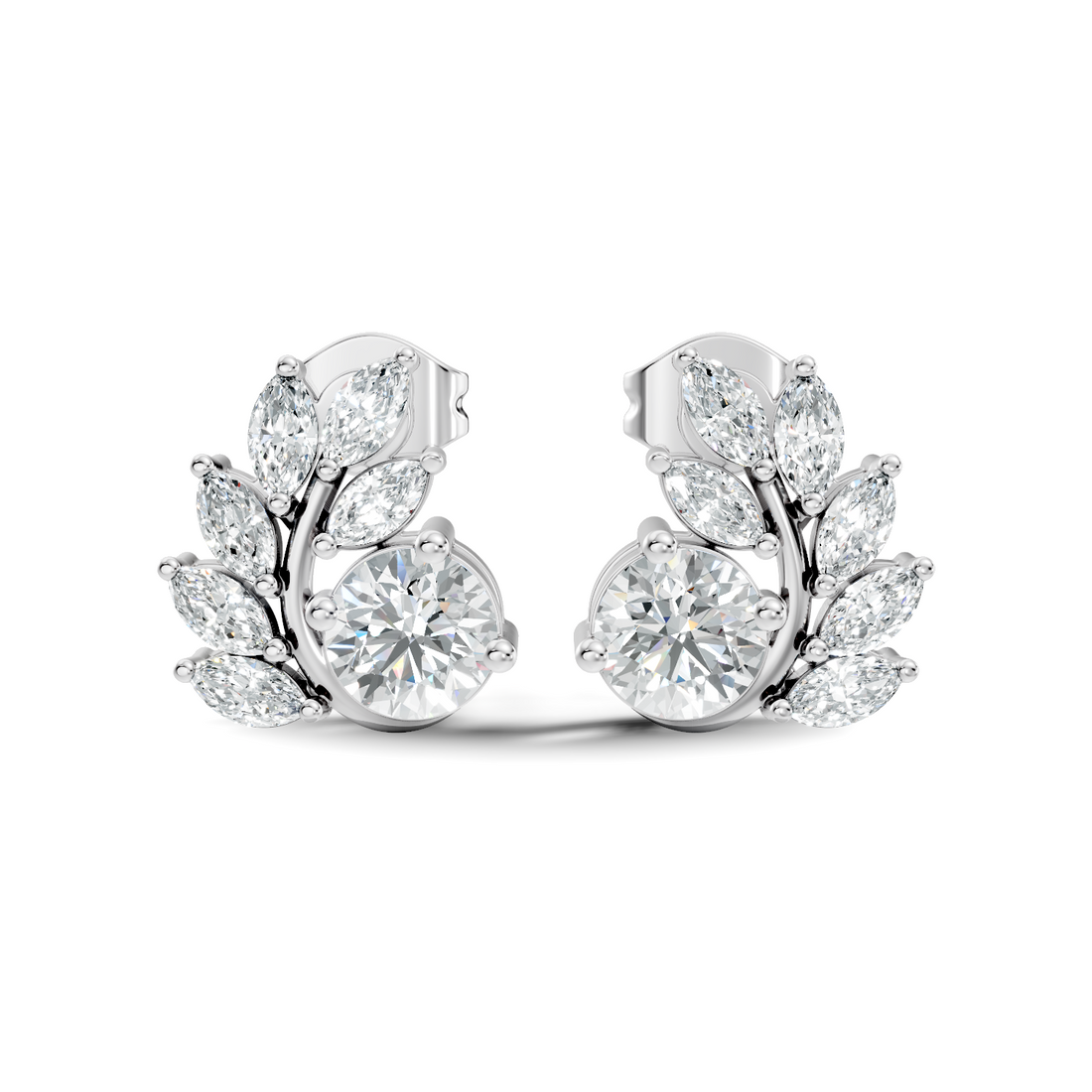 Round & Marquise Curved Leaf Vine Diamond Stud
