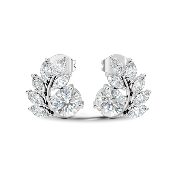 Round & Marquise Curved Leaf Vine Diamond Stud