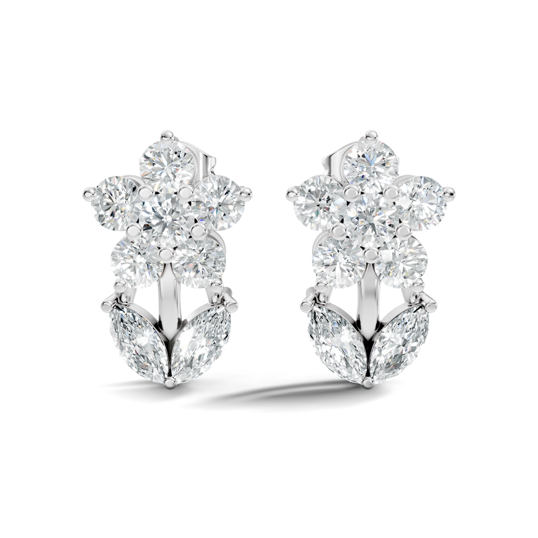 Round Floral Bloom & Marquise Leaf Diamond Stud