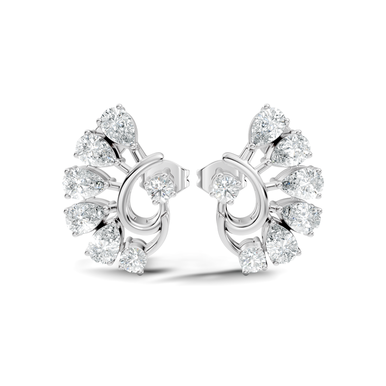 Pear & Round Peacock Fan Arc Diamond Stud